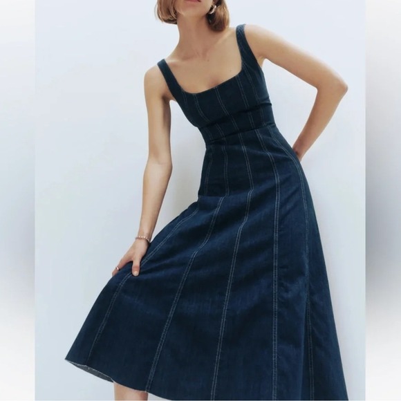 Reformation Dresses & Skirts - Reformation Amory Denim Midi Dress 10 Blue Dark Wash Sustainable Cottagecore